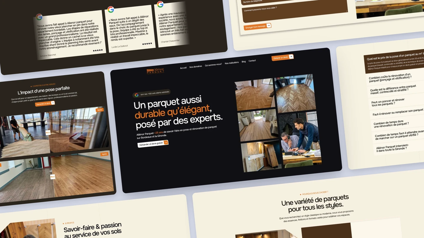 Refonte du site web d’Aliénor Parquet, artisan parqueteur à Mérignac près de Bordeaux : pages du site vitrine réalisées par SL Vision